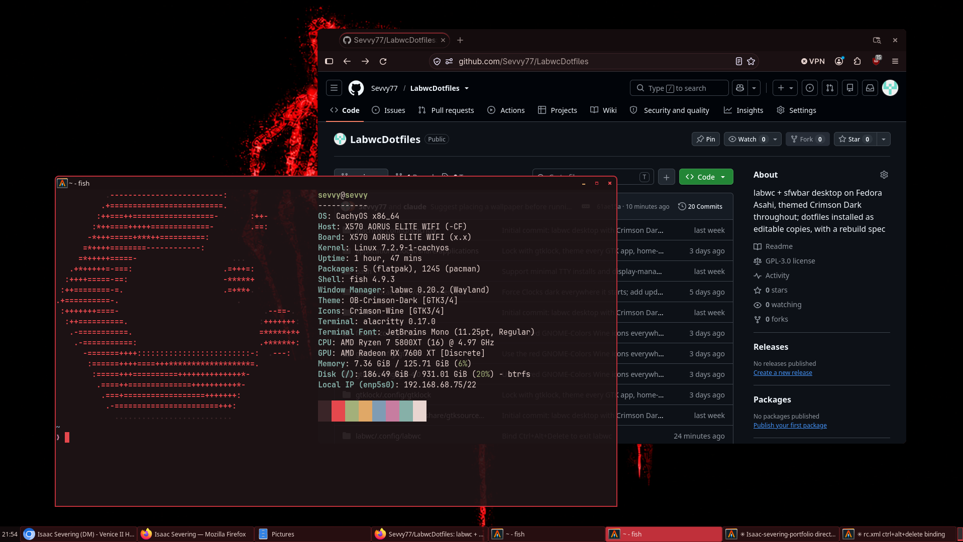 labwc desktop themed Crimson Dark, with alacritty, sfwbar and Firefox